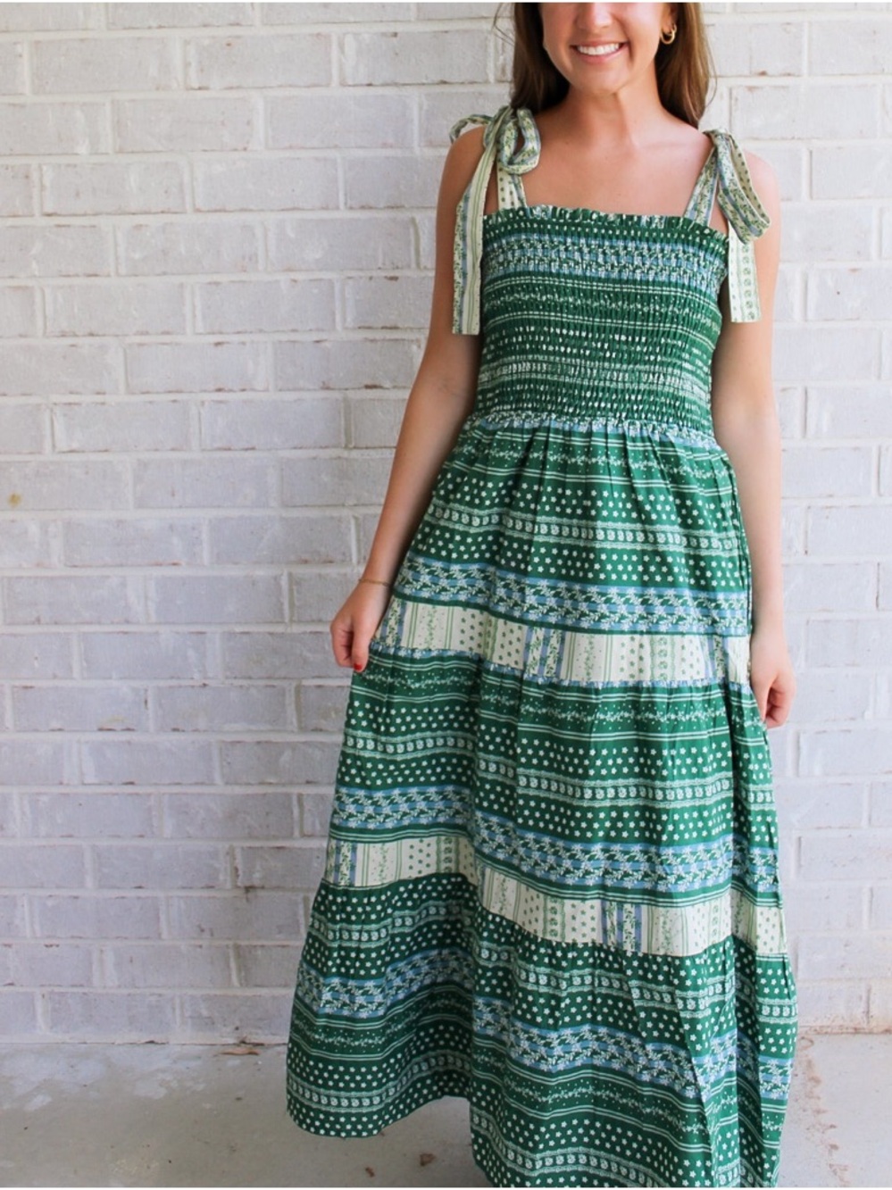 Aureus Green Patterned Tie-Shoulder Maxi Nap Dress